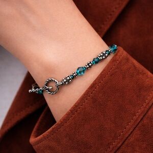 STERLING SILVER Bali Spacer & Blue Crystal Bead Bracelet 7in